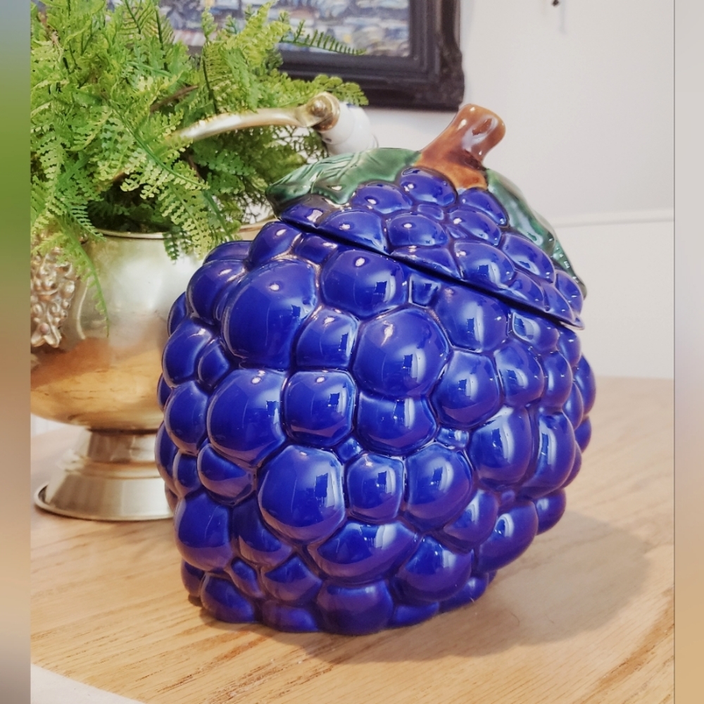 Vintage Ceramic Tilting Grapes Cookie Jar By Over & Back Made In Portugal 9”
